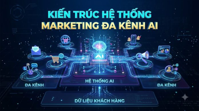 Sơ đồ kiến trúc hệ thống marketing đa kênh tích hợp AI vận hành tự động 5 tầng